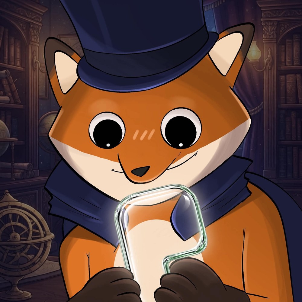 LUPYN, an orange fox in a navy top hat and cape, holds the glowing glass PONS GEM in brown-gloved hands inside a candlelit study lined with old books.